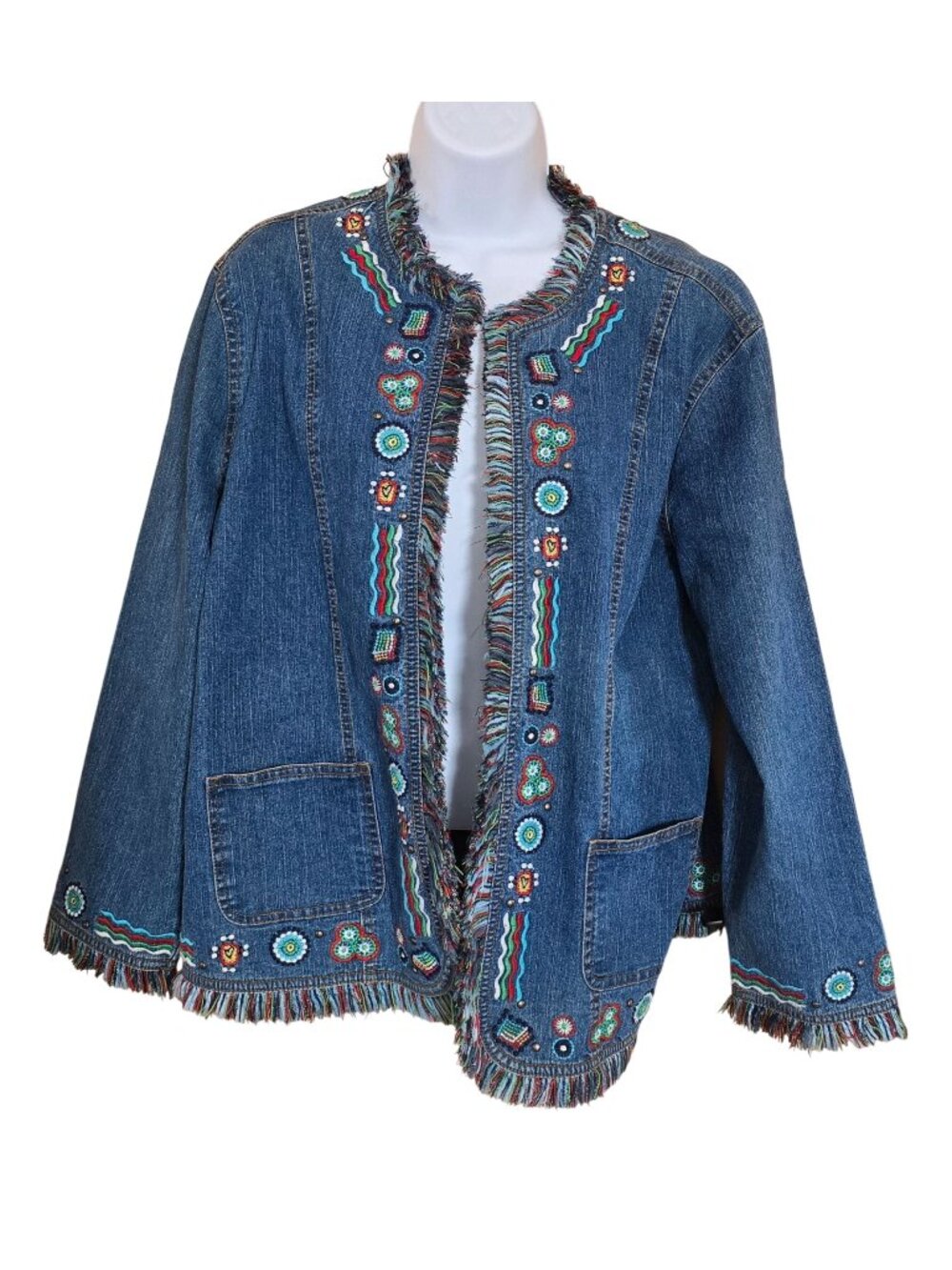 Ruby Rd Embroidered Fringe Denim Jacket Boho Chic tribal Aztec cottagecore